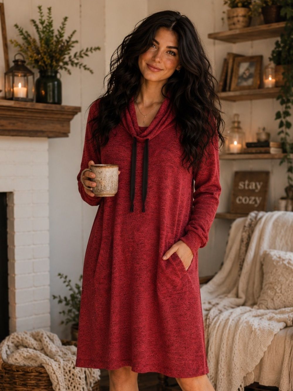 Bass Marled Drawstring Cowlneck Knit Dress Red Black M